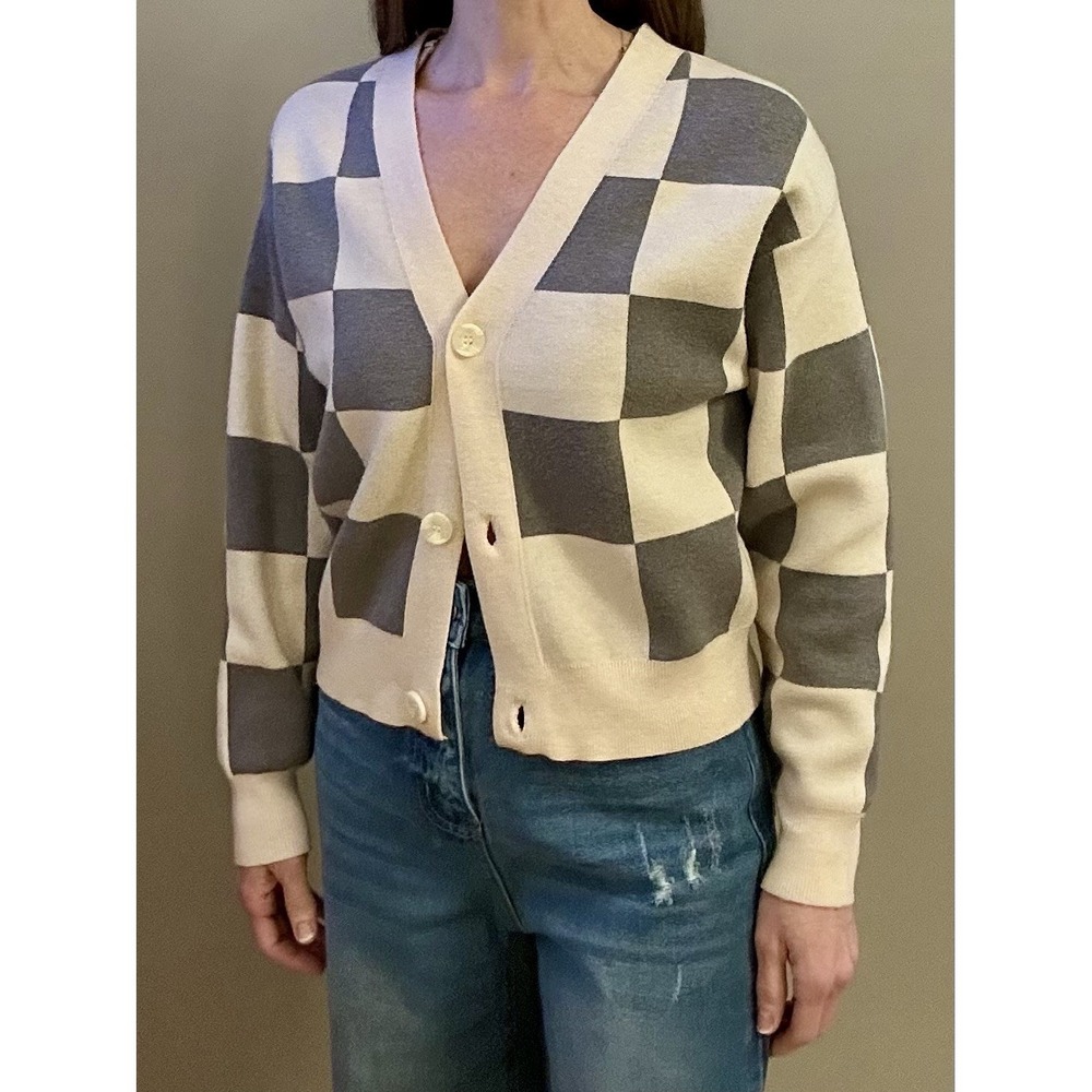 Willow‎ And Wind XS Checkered Cardigan Ivory/grey. Valentine's Girly Slay Crop - Picture 7 of 16